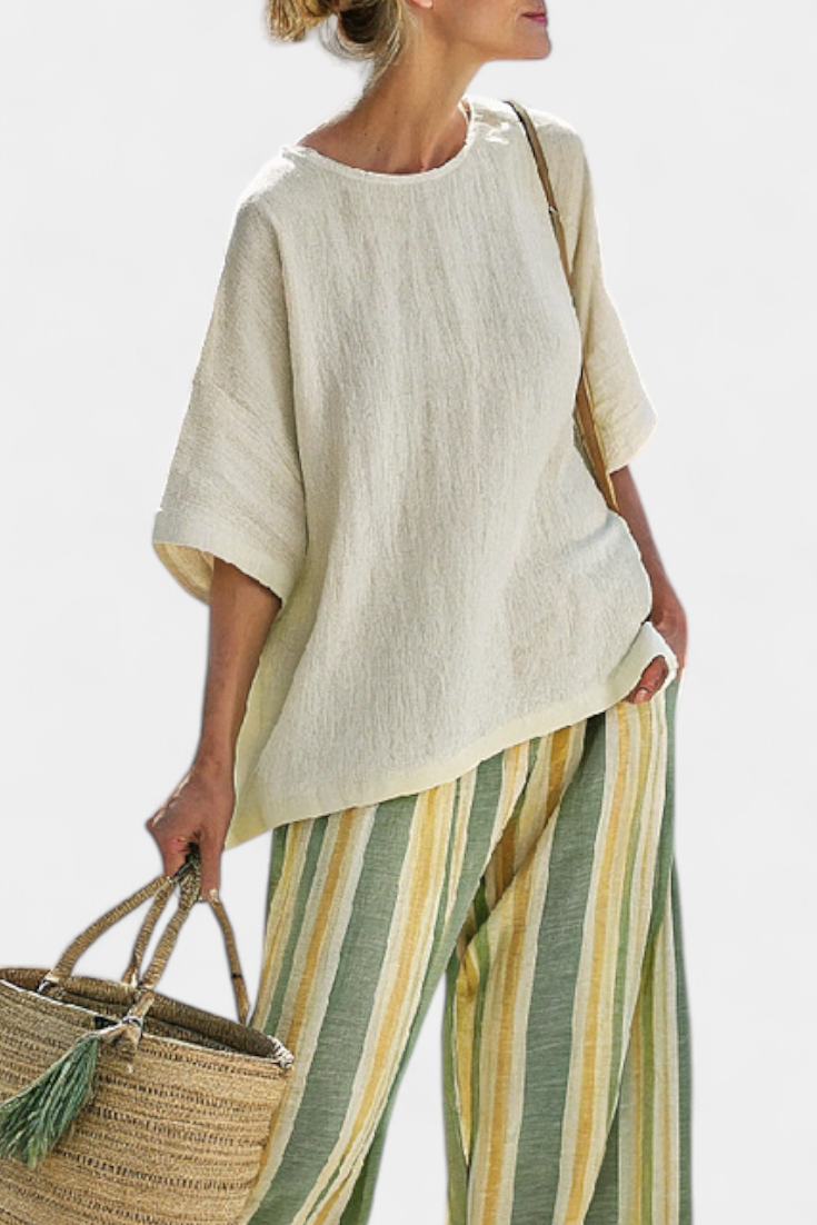 Ellowyn Sophisticated Linen Top And Striped Wide Leg Pants by Selouva