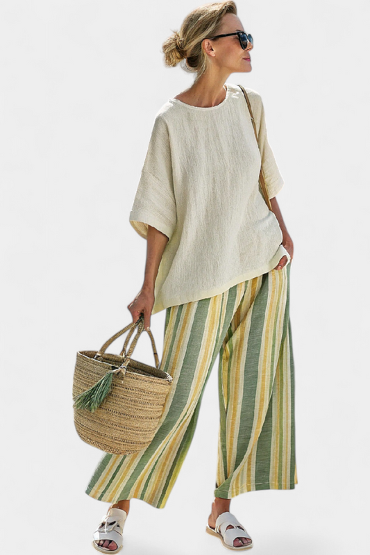 Ellowyn Sophisticated Linen Top And Striped Wide Leg Pants by Selouva