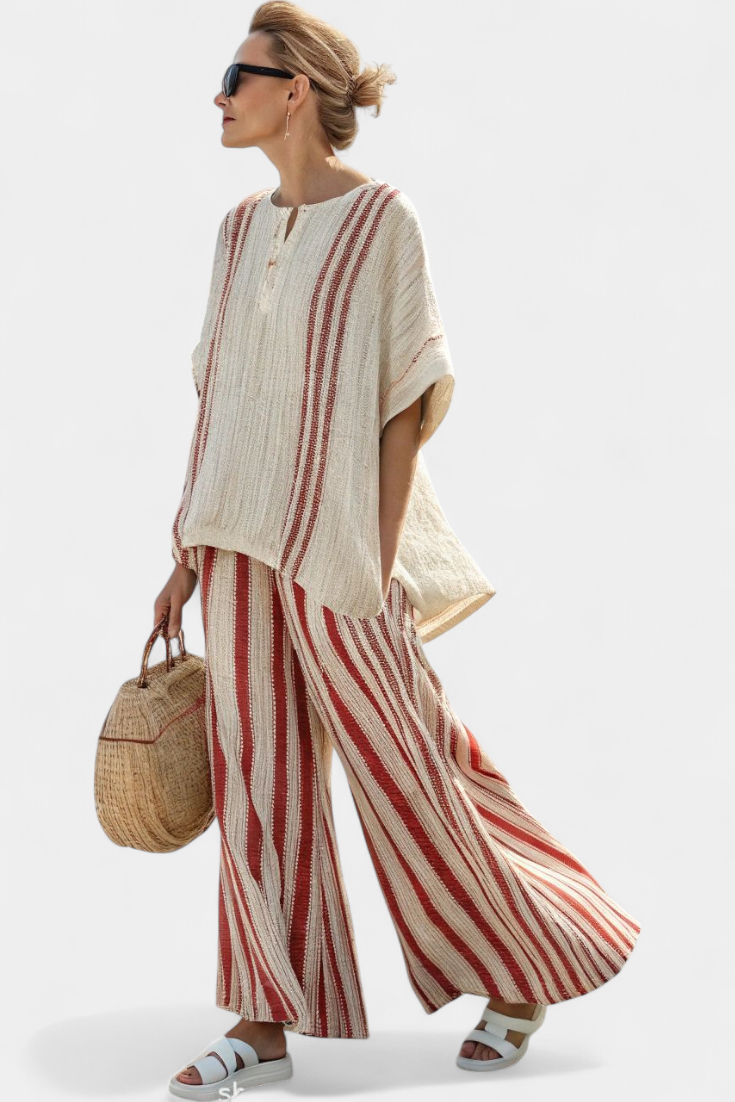 Mirella Textured Red Stripe Linen Top And Wide Leg Pants Set by Selouva