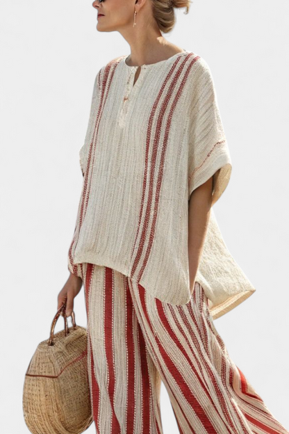 Mirella Textured Red Stripe Linen Top And Wide Leg Pants Set by Selouva