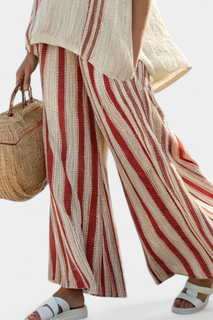 Mirella Textured Red Stripe Linen Top And Wide Leg Pants Set by Selouva
