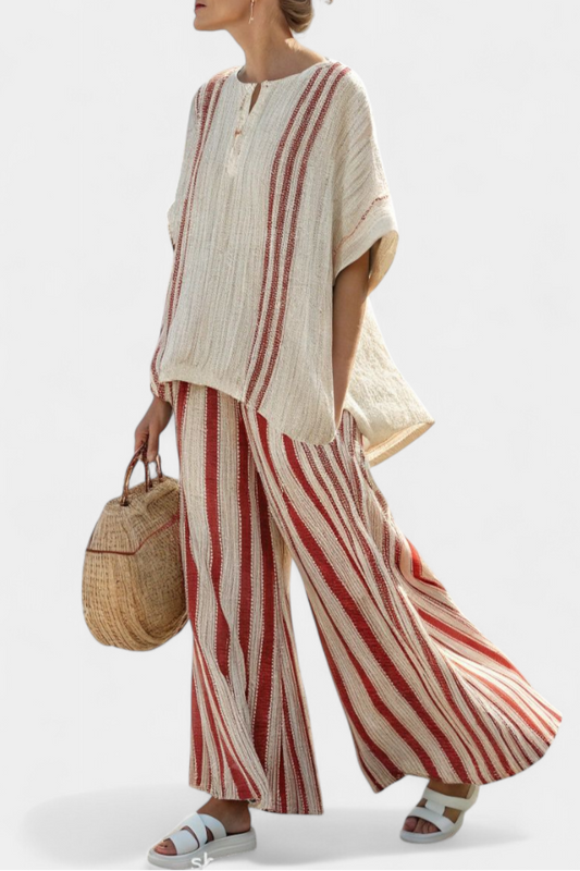 Mirella Textured Red Stripe Linen Top And Wide Leg Pants Set by Selouva