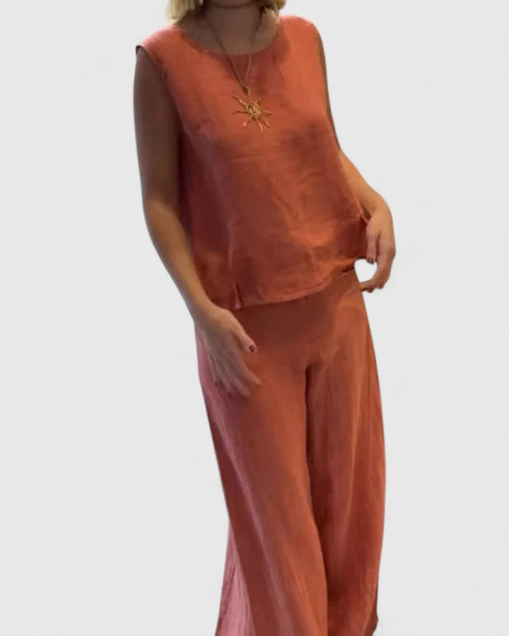 Women's Linen Two Piece Set with Belt by Selouva