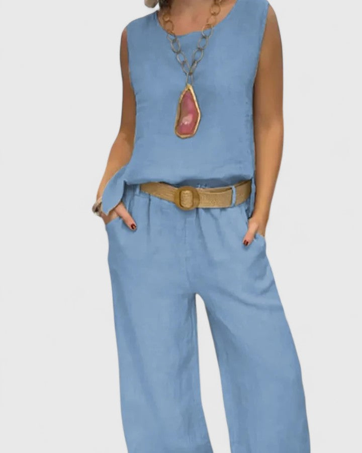 Women's Linen Two Piece Set with Belt by Selouva