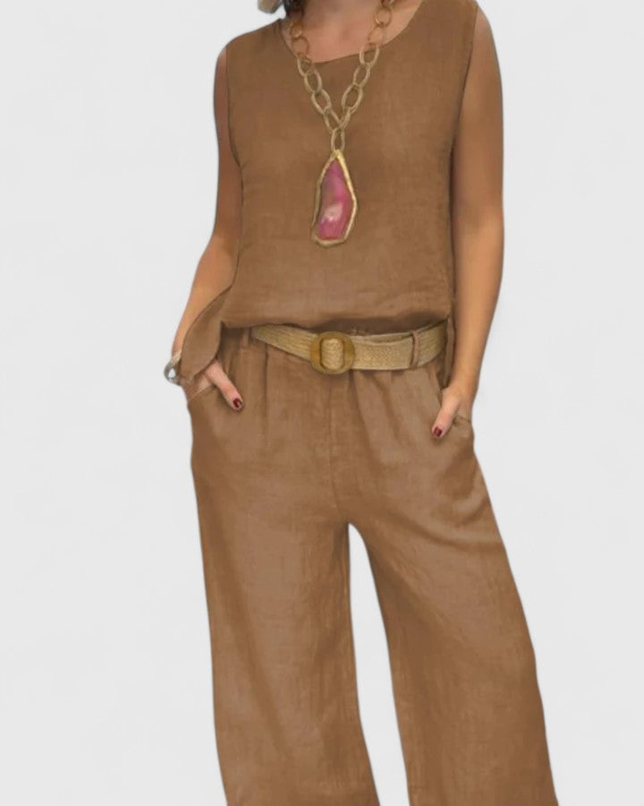 Women's Linen Two Piece Set with Belt by Selouva