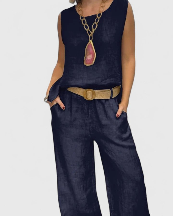 Women's Linen Two Piece Set with Belt by Selouva
