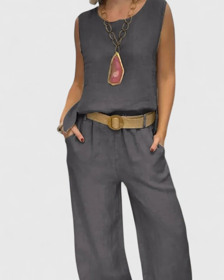 Women's Linen Two Piece Set with Belt by Selouva