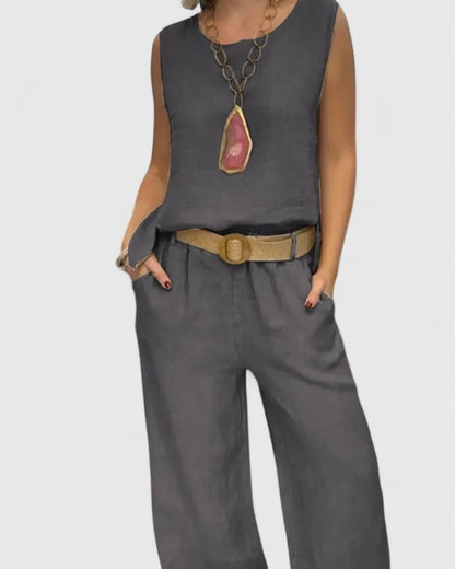 Women's Linen Two Piece Set with Belt by Selouva