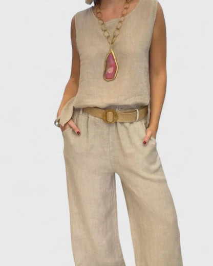 Women's Linen Two Piece Set with Belt by Selouva