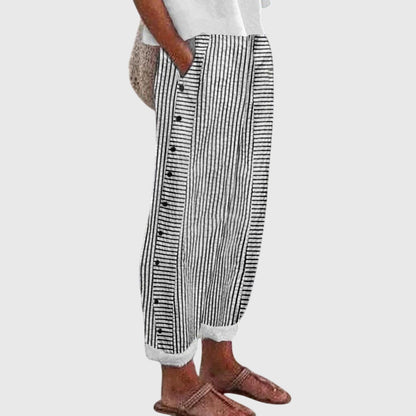 Bertha Striped Linen Wide Leg Pants for Women with Button Detail by Selouva