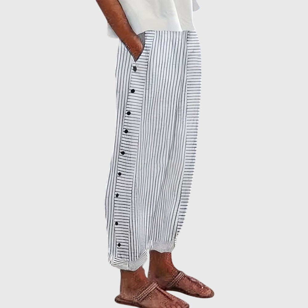 Bertha Striped Linen Wide Leg Pants for Women with Button Detail by Selouva