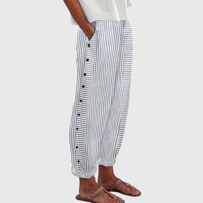 Bertha Striped Linen Wide Leg Pants for Women with Button Detail by Selouva