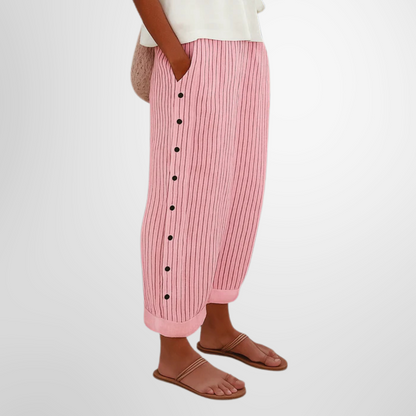 Bertha Striped Linen Wide Leg Pants for Women with Button Detail by Selouva