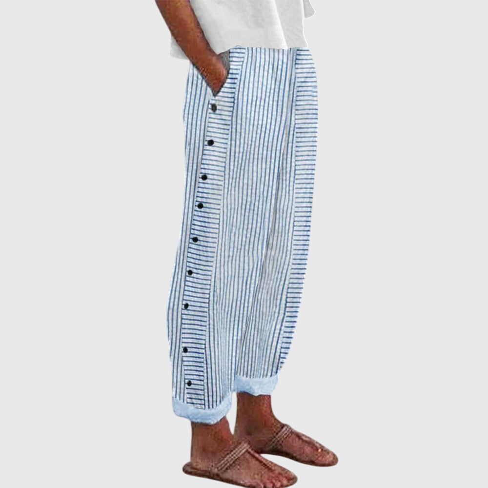Bertha Striped Linen Wide Leg Pants for Women with Button Detail by Selouva