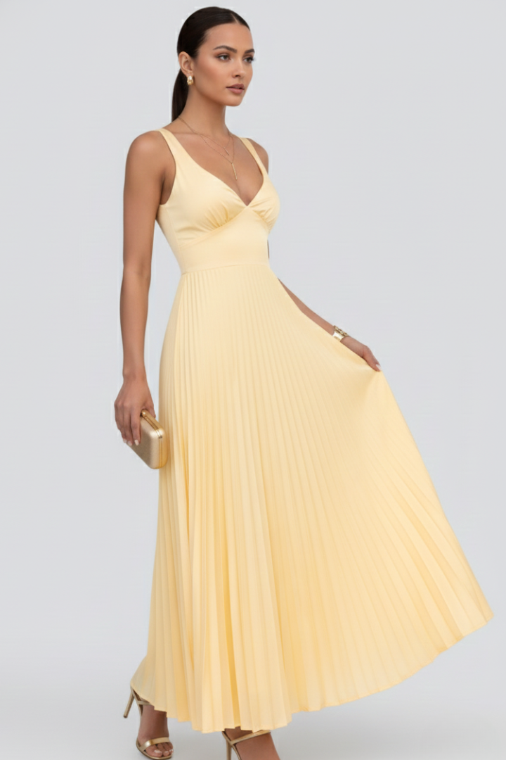 Fiona | Women’s V-Neck Pleated Skirt Maxi Dress by Selouva