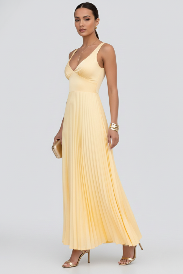 Fiona | Women’s V-Neck Pleated Skirt Maxi Dress by Selouva