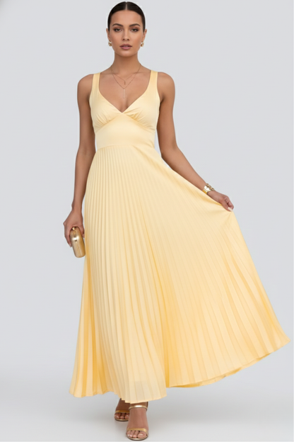 Fiona | Women’s V-Neck Pleated Skirt Maxi Dress by Selouva