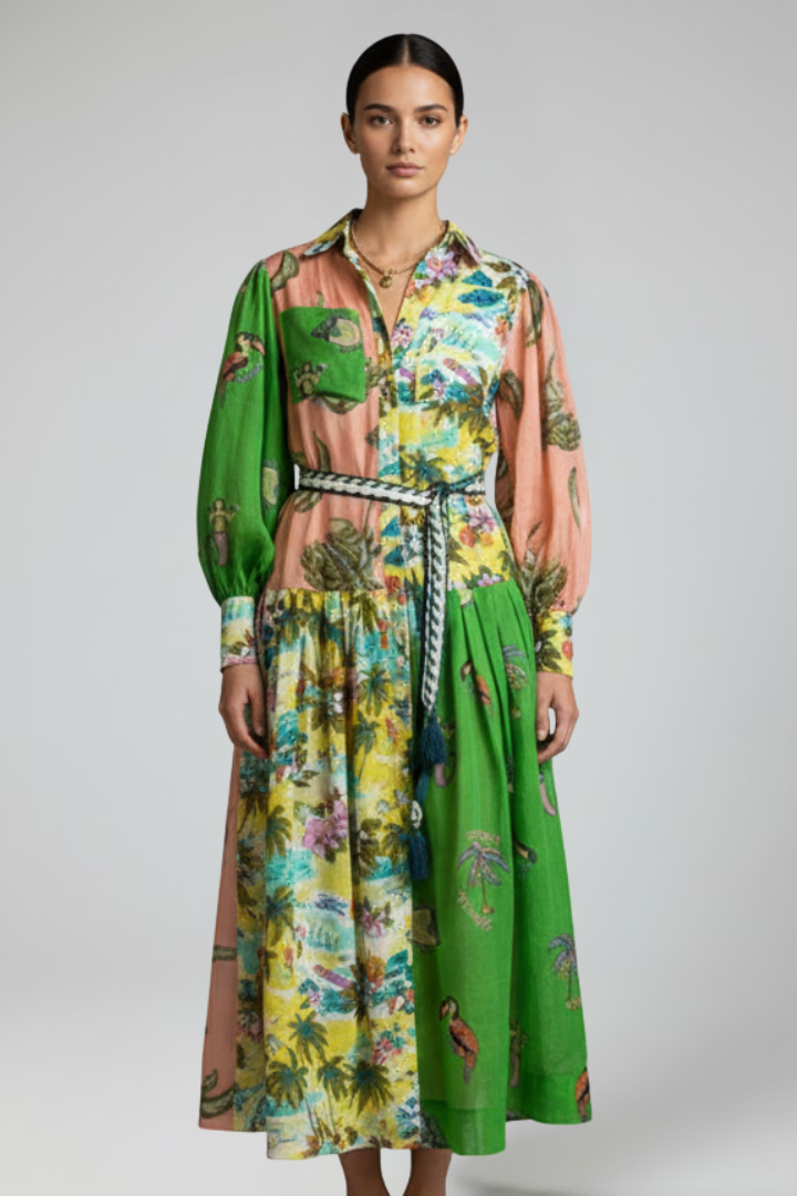 Penelope | Women’s Long Sleeve Printed Maxi Dress with V-Neck by Selouva