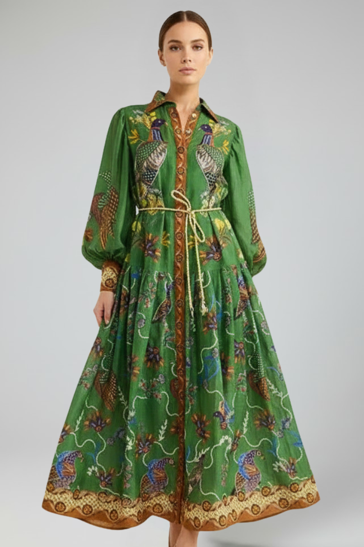 Penelope | Women’s Long Sleeve Printed Maxi Dress with V-Neck by Selouva