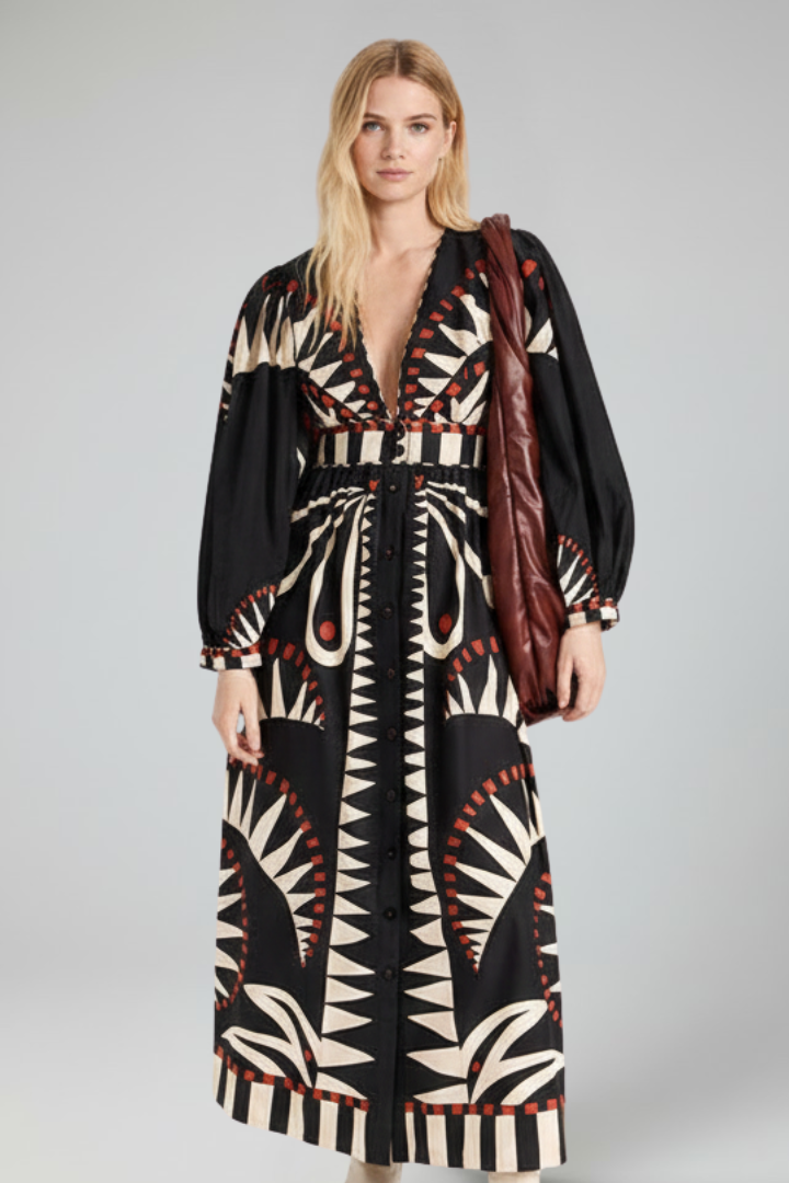 Penelope | Women’s Long Sleeve Printed Maxi Dress with V-Neck by Selouva