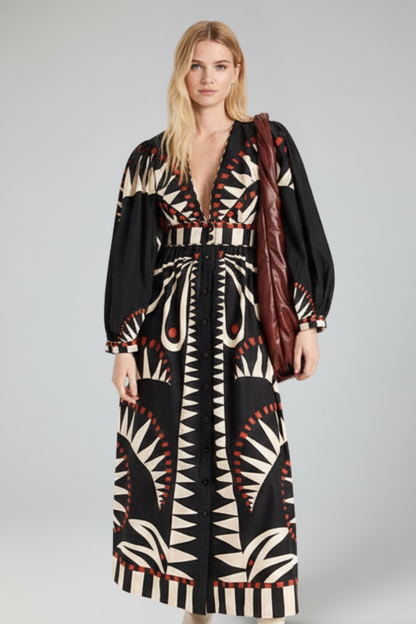 Penelope | Women’s Long Sleeve Printed Maxi Dress with V-Neck by Selouva
