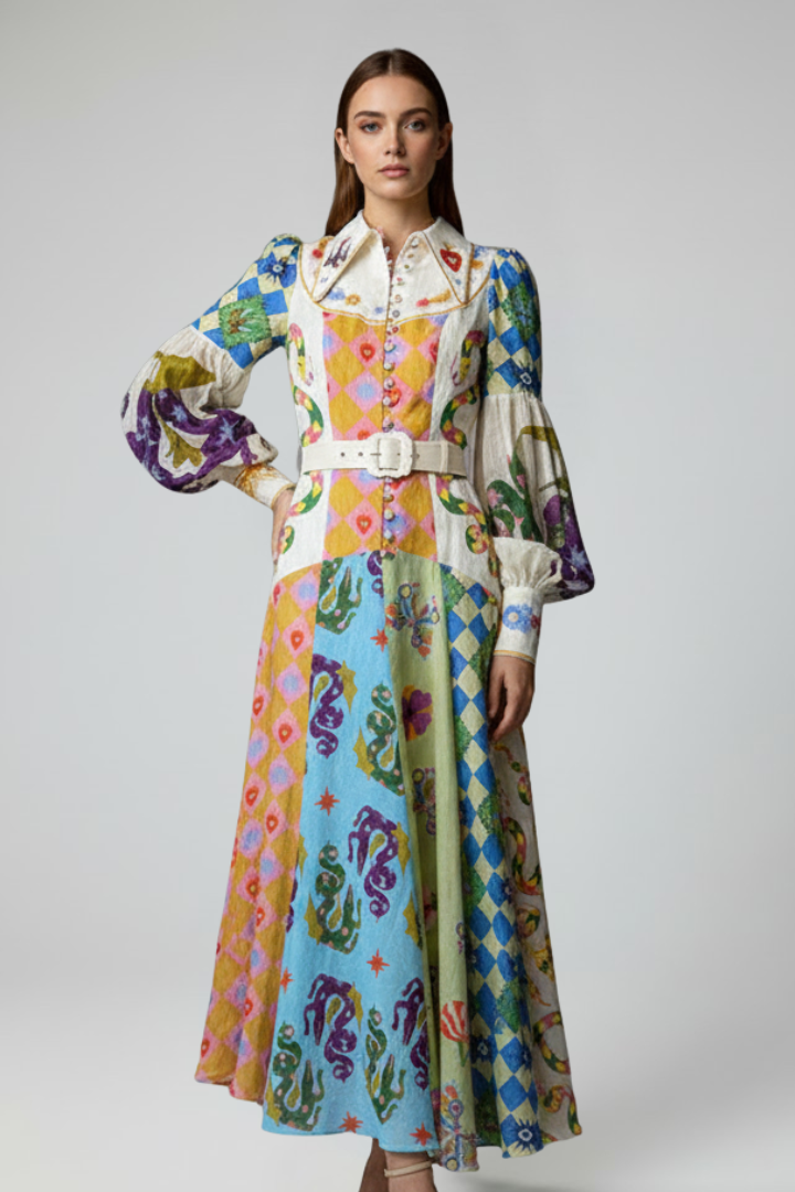 Penelope | Women’s Long Sleeve Printed Maxi Dress with V-Neck by Selouva