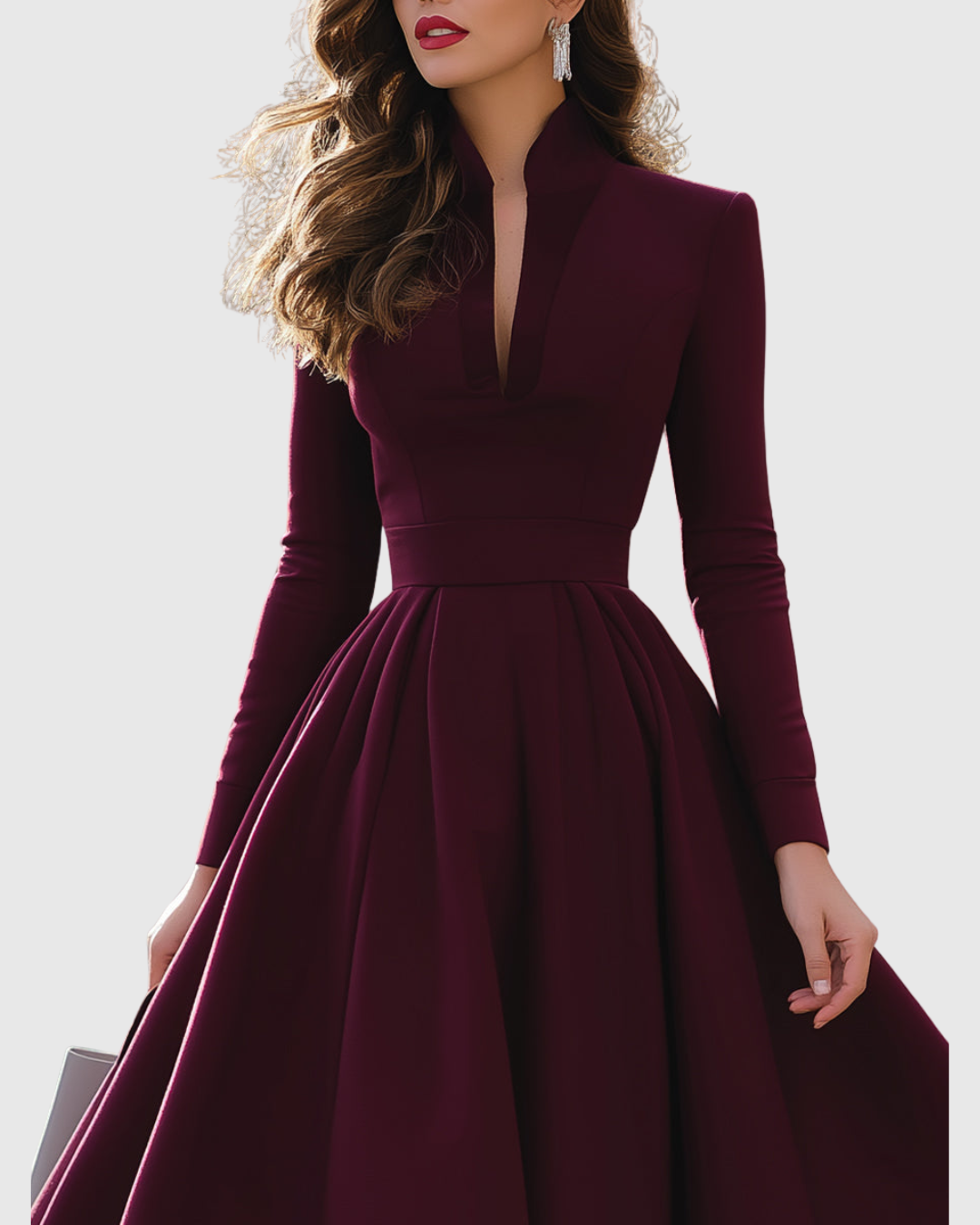 Avelina Burgundy V Neck Midi Dress With Pleated Skirt by Selouva