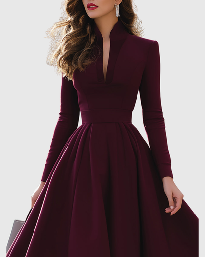 Avelina Burgundy V Neck Midi Dress With Pleated Skirt by Selouva