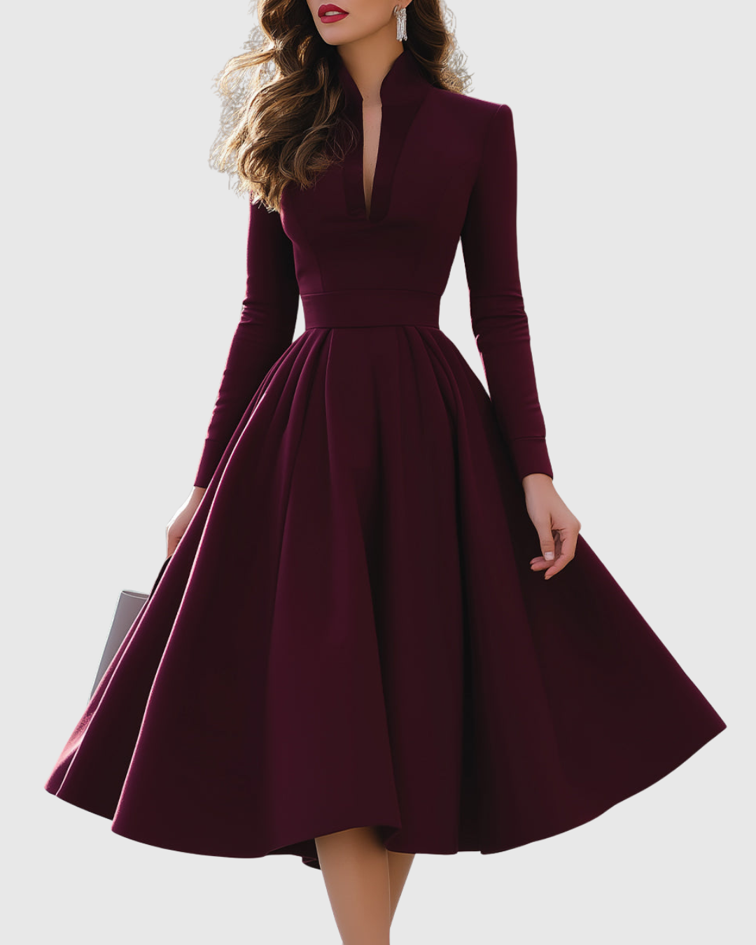 Avelina Burgundy V Neck Midi Dress With Pleated Skirt by Selouva