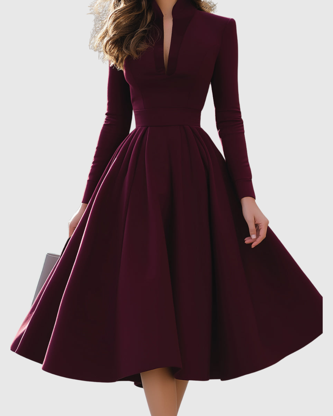 Avelina Burgundy V Neck Midi Dress With Pleated Skirt by Selouva