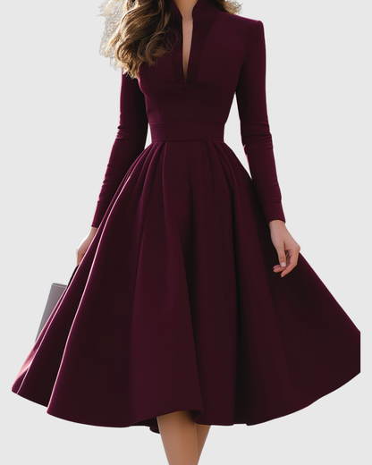 Avelina Burgundy V Neck Midi Dress With Pleated Skirt by Selouva