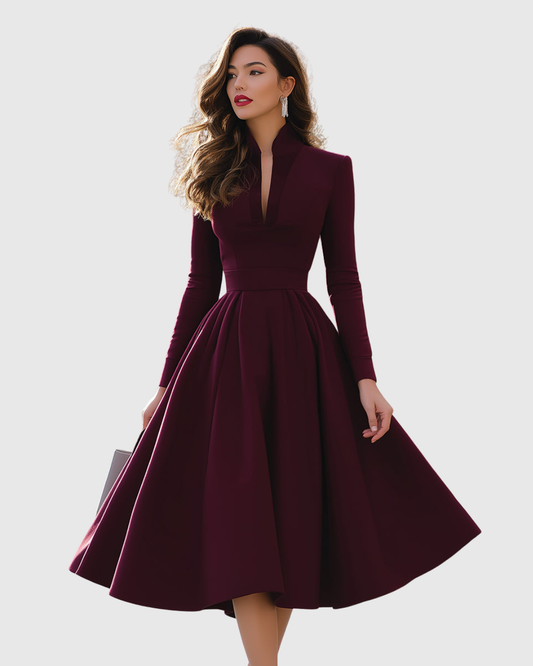 Avelina Burgundy V Neck Midi Dress With Pleated Skirt by Selouva