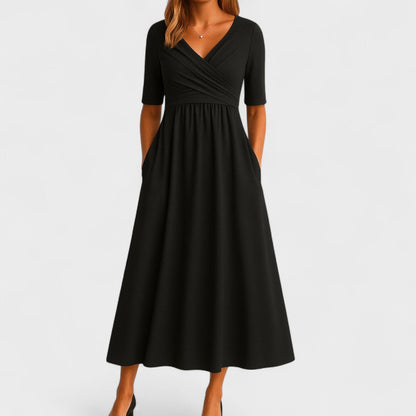 Ida Elegant Surplice Midi Dress With Pockets And Elbow Length Sleeves by Selouva