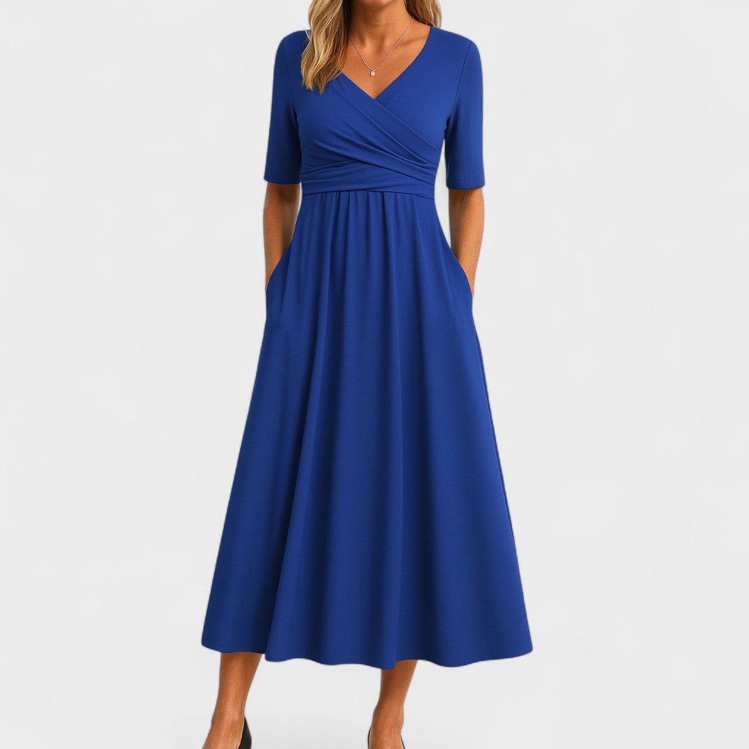 Ida Elegant Surplice Midi Dress With Pockets And Elbow Length Sleeves by Selouva