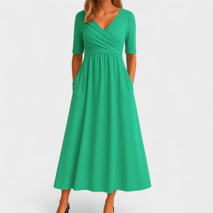 Ida Elegant Surplice Midi Dress With Pockets And Elbow Length Sleeves by Selouva