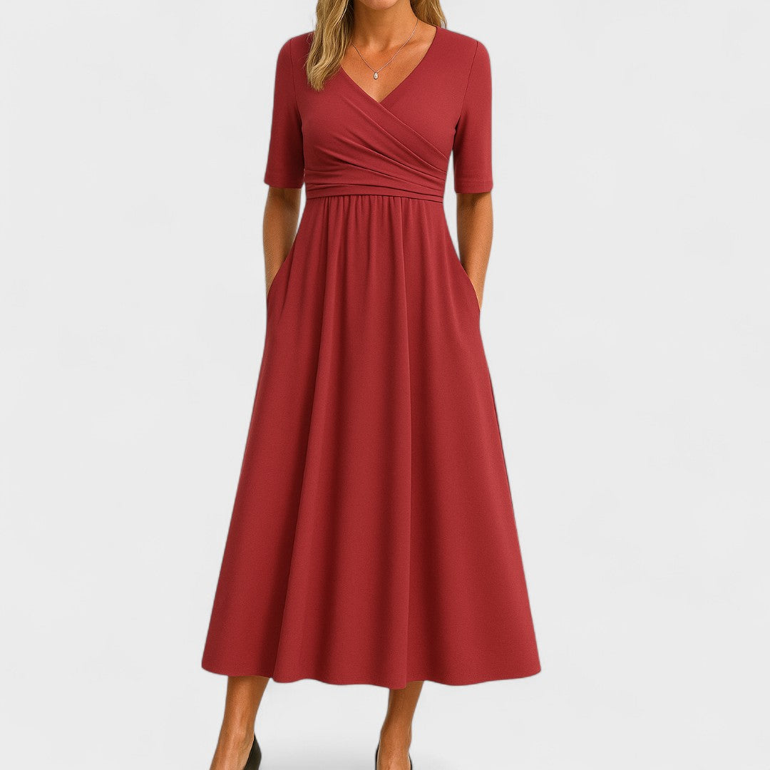 Ida Elegant Surplice Midi Dress With Pockets And Elbow Length Sleeves by Selouva