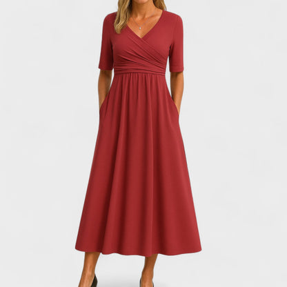Ida Elegant Surplice Midi Dress With Pockets And Elbow Length Sleeves by Selouva