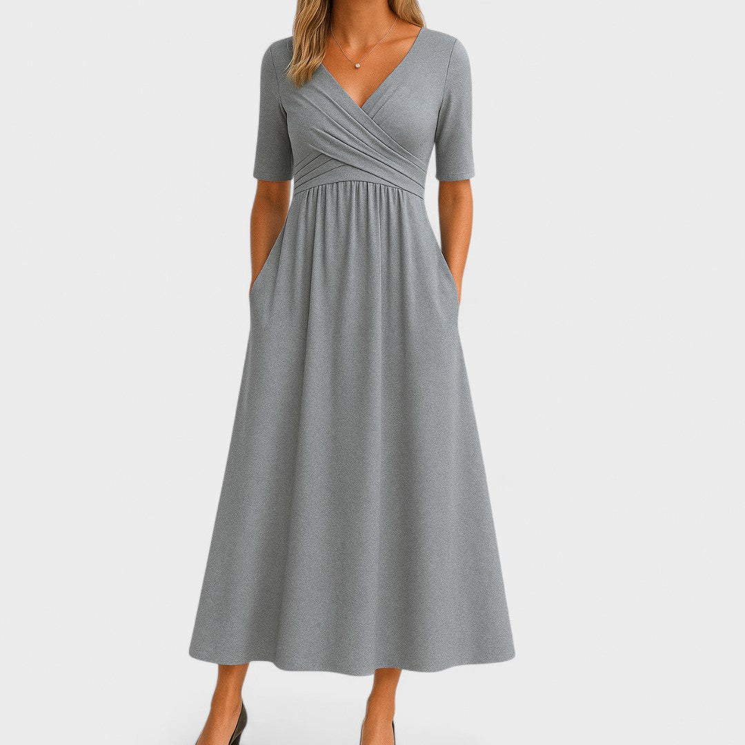 Ida Elegant Surplice Midi Dress With Pockets And Elbow Length Sleeves by Selouva