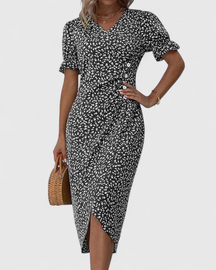 Kataryna Green Floral Wrap Midi Dress for Summer Comfort by Selouva