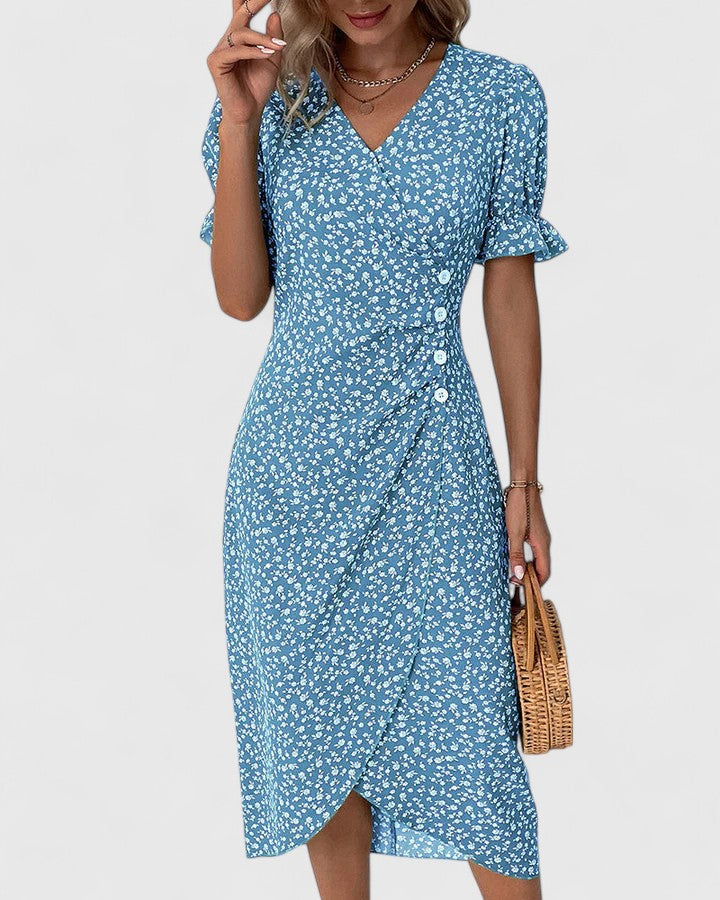 Kataryna Green Floral Wrap Midi Dress for Summer Comfort by Selouva