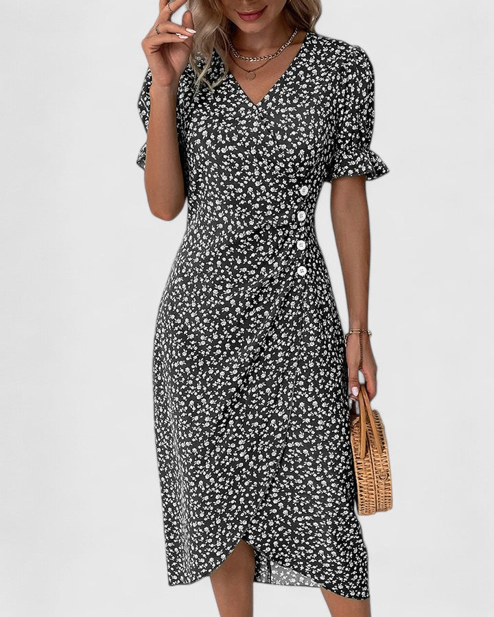 Kataryna Green Floral Wrap Midi Dress for Summer Comfort by Selouva