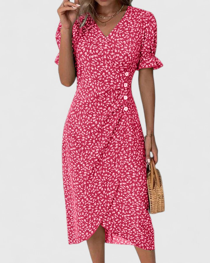 Kataryna Green Floral Wrap Midi Dress for Summer Comfort by Selouva