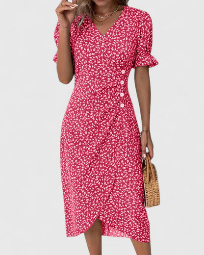 Kataryna Green Floral Wrap Midi Dress for Summer Comfort by Selouva