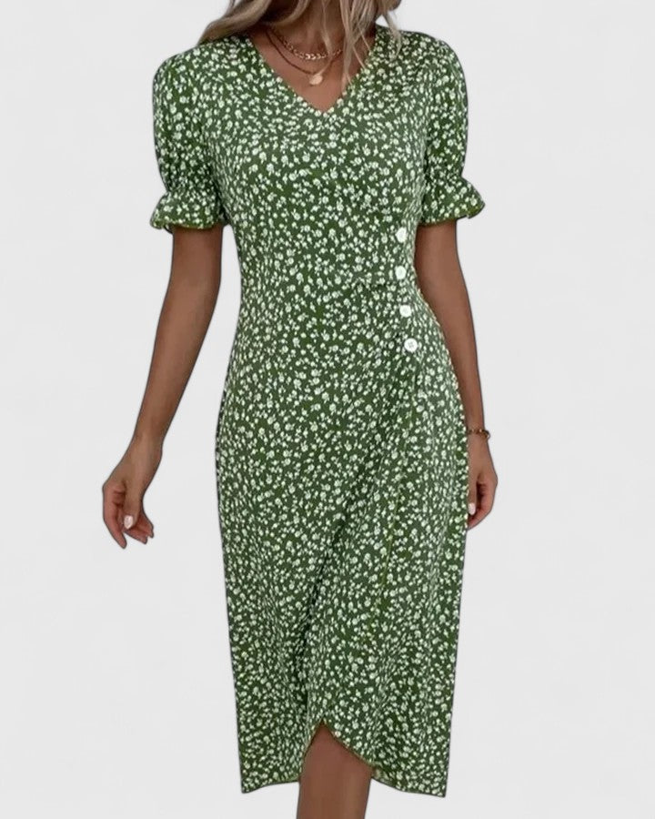 Kataryna Green Floral Wrap Midi Dress for Summer Comfort by Selouva