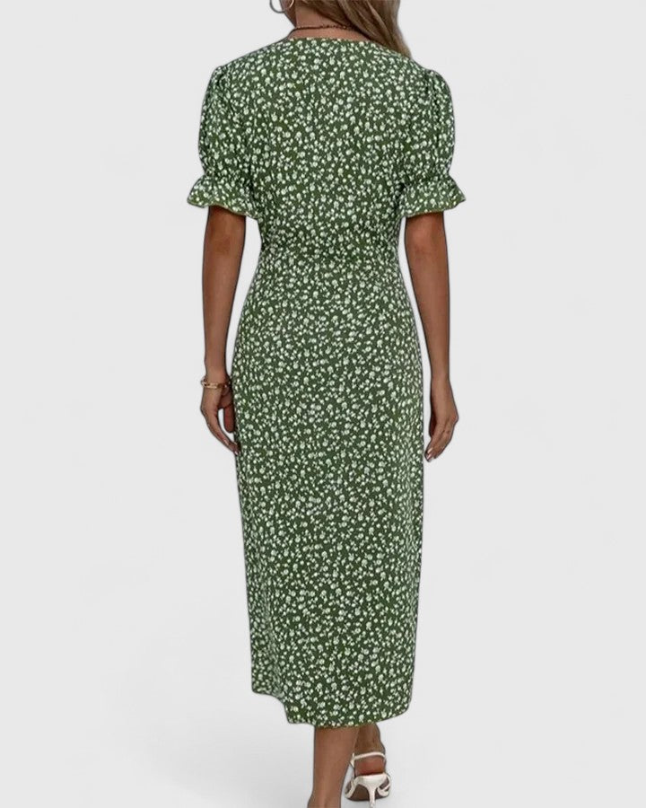 Kataryna Green Floral Wrap Midi Dress for Summer Comfort by Selouva