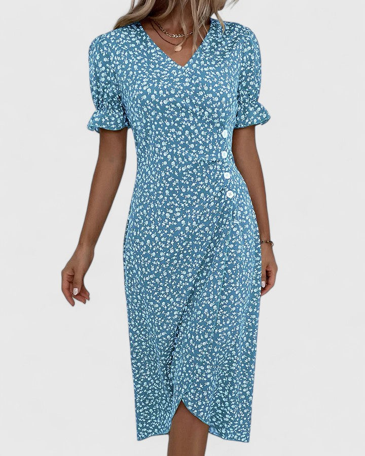 Kataryna Green Floral Wrap Midi Dress for Summer Comfort by Selouva