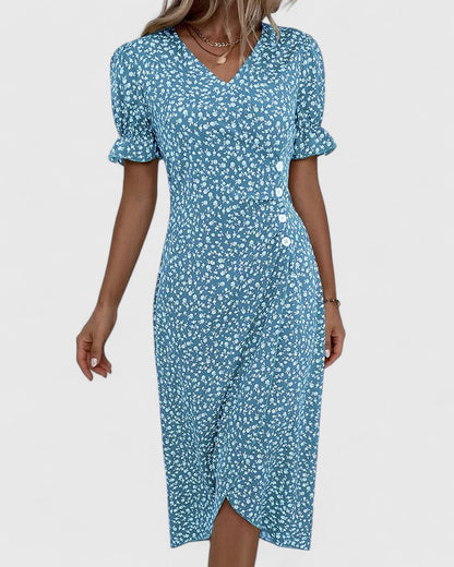 Kataryna Green Floral Wrap Midi Dress for Summer Comfort by Selouva