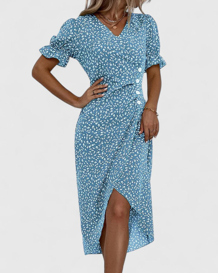 Kataryna Green Floral Wrap Midi Dress for Summer Comfort by Selouva