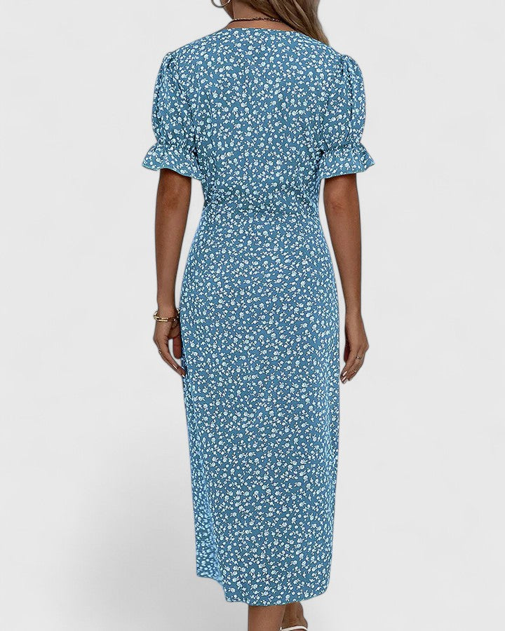 Kataryna Green Floral Wrap Midi Dress for Summer Comfort by Selouva