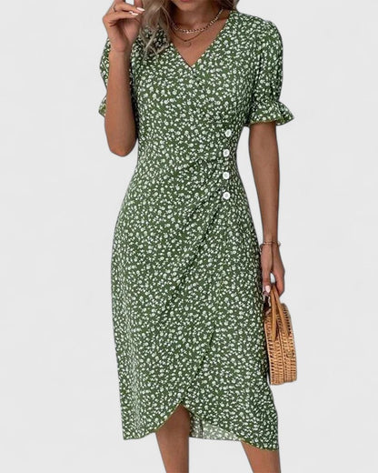 Kataryna Green Floral Wrap Midi Dress for Summer Comfort by Selouva
